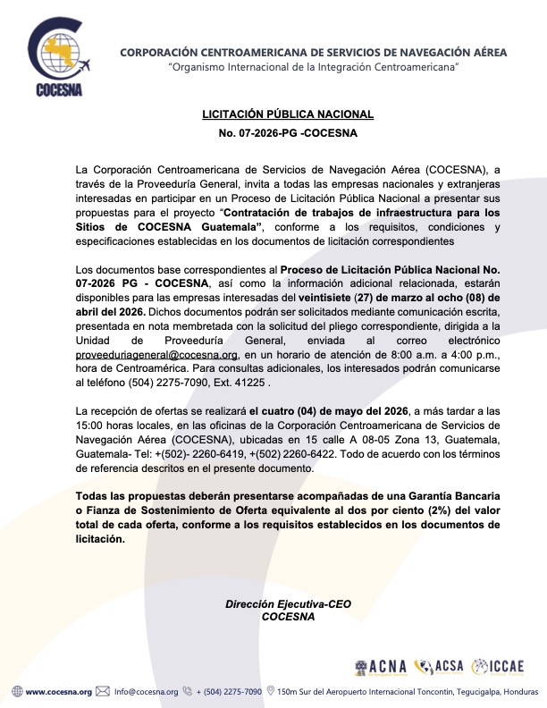 LICITACIÓN CONTRATACIÓN DE TRABAJOS DE INFRAESTRUCTURA PARA LOS SITIOS DE COCESNA GUATEMALA