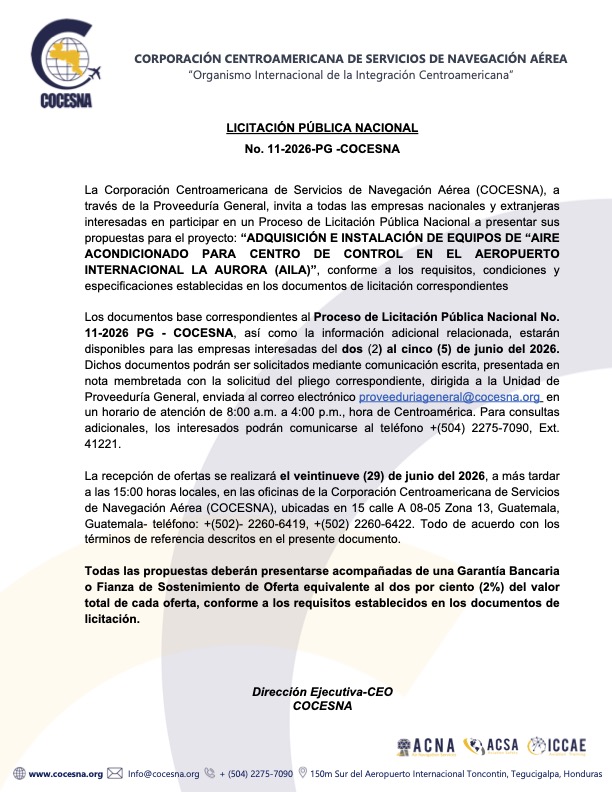 LICITACIÓN PÚBLICA NACIONAL No. 11-2026-PG ADQUISICIÓN E INSTALACIÓN DE EQUIPOS DE AIRE ACONDICIONADO